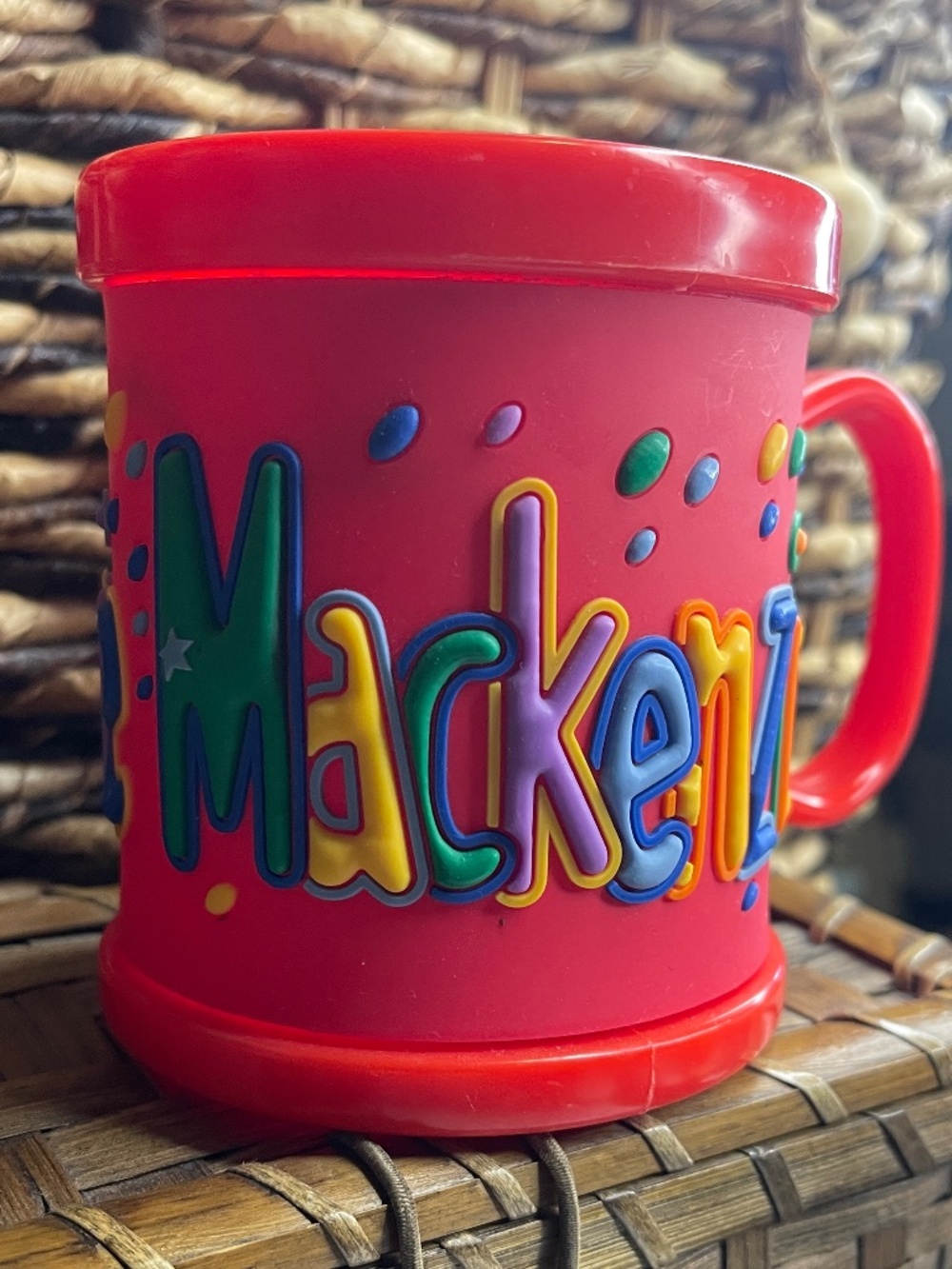 Plastic Kids Personalized Name Mug RED MACKENZIE Celebrate Birthday Everyday FUN